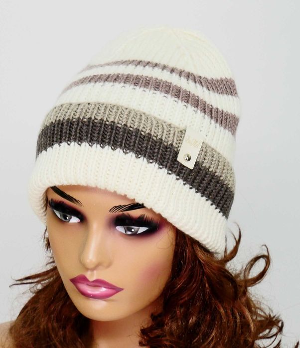 LaMel Czapka w paski unisex zimowa handmade 100%Merino obw.57 - 62cm