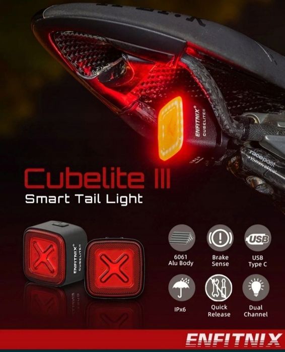 Lampka rowerowa Cubelite III,inteligentna, czujnik STOP USB C
