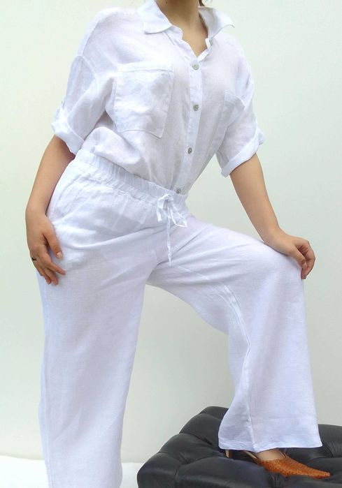 Nowa lniana biała koszula bluzka 100% len puro lino S M L uniwersalna