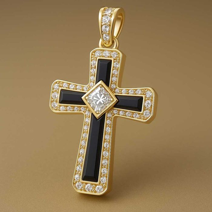 Męski krzyżyk złoty 585 z brylantami i onyksem lapis lazuli Design