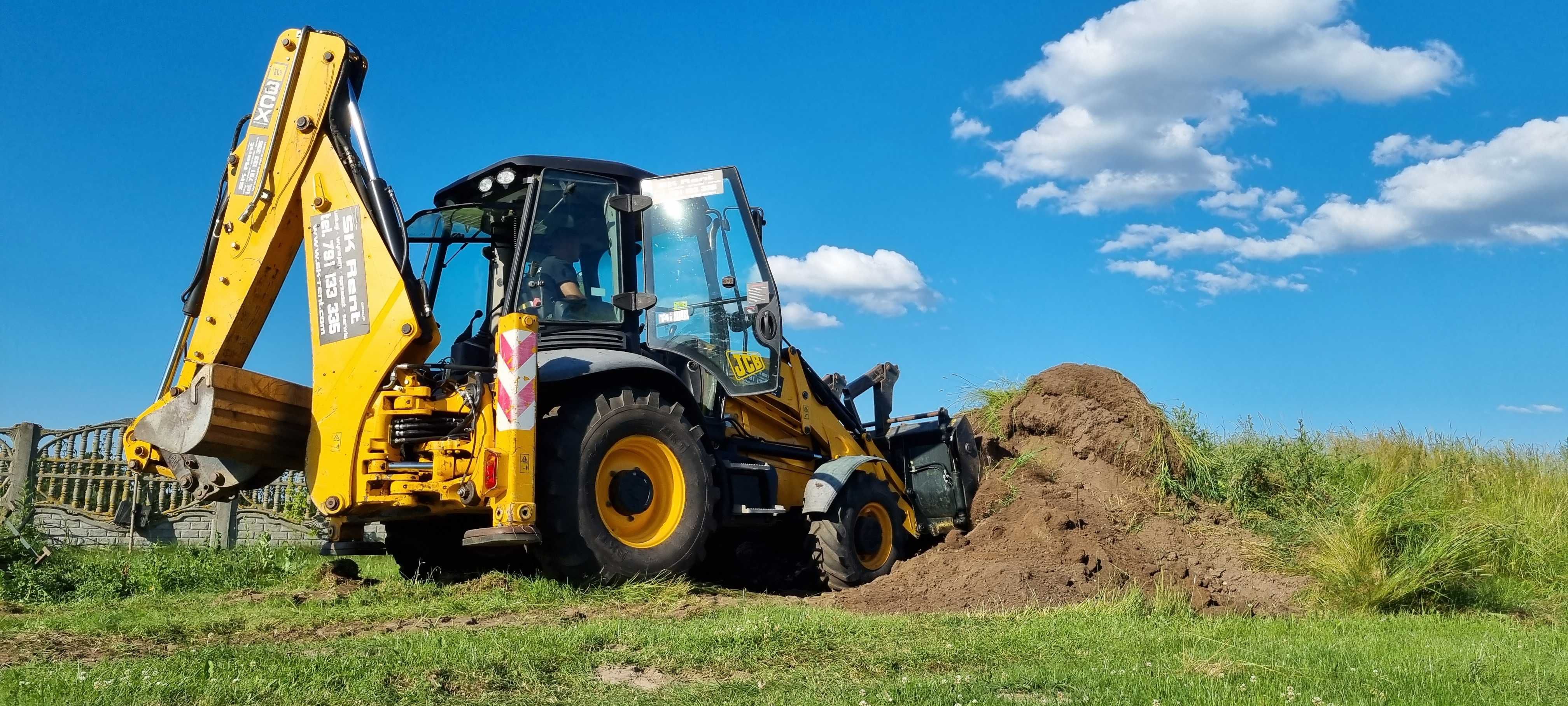 Usługa wynajem koparko ładowarka JCB 3CX wykopy równanie humusowanie