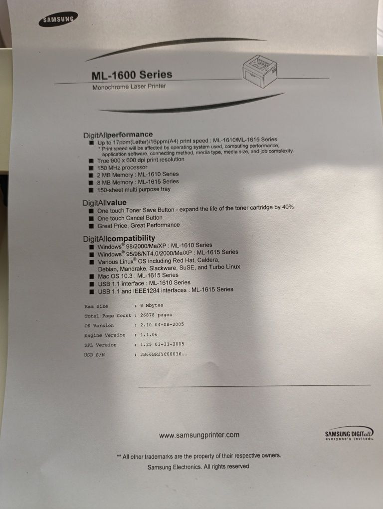 Лазерный принтер Samsung ml1615 в отличном состоянии