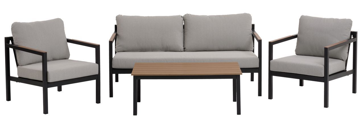 Meble ogrodowe sofa,fotele stolik szare poduszki.