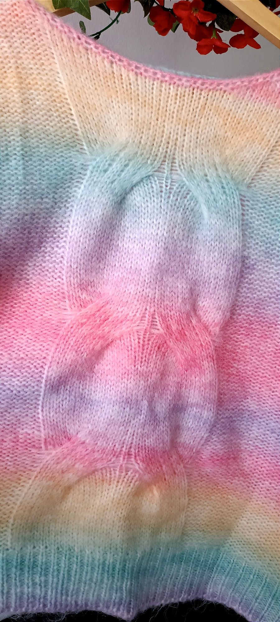 NOWY kolorowy puszysty sweter r. L z wełną efektem OMBRE i warkoczem
