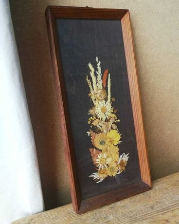 Suszona kompozycja z kwiatów Cepelia obrazek vintage retro prl