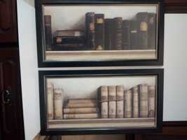 2 quadros decorativos com estampas de livros com molduras