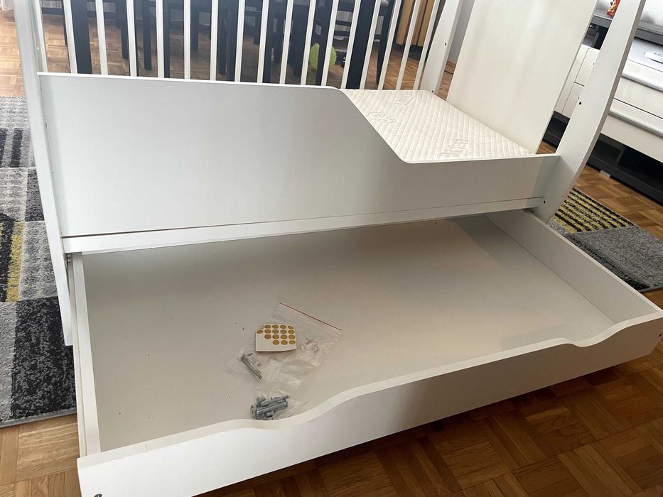 Łóżeczko 120×60 białe z szufladą + materac Rücken Tencel