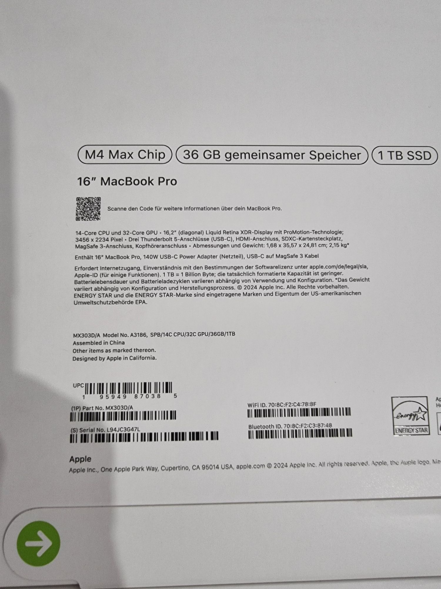 Apple MacBook 16 Pro 16" M4 MAX 36GB 14-core CPU + 32-core GPU 1TB SSD
