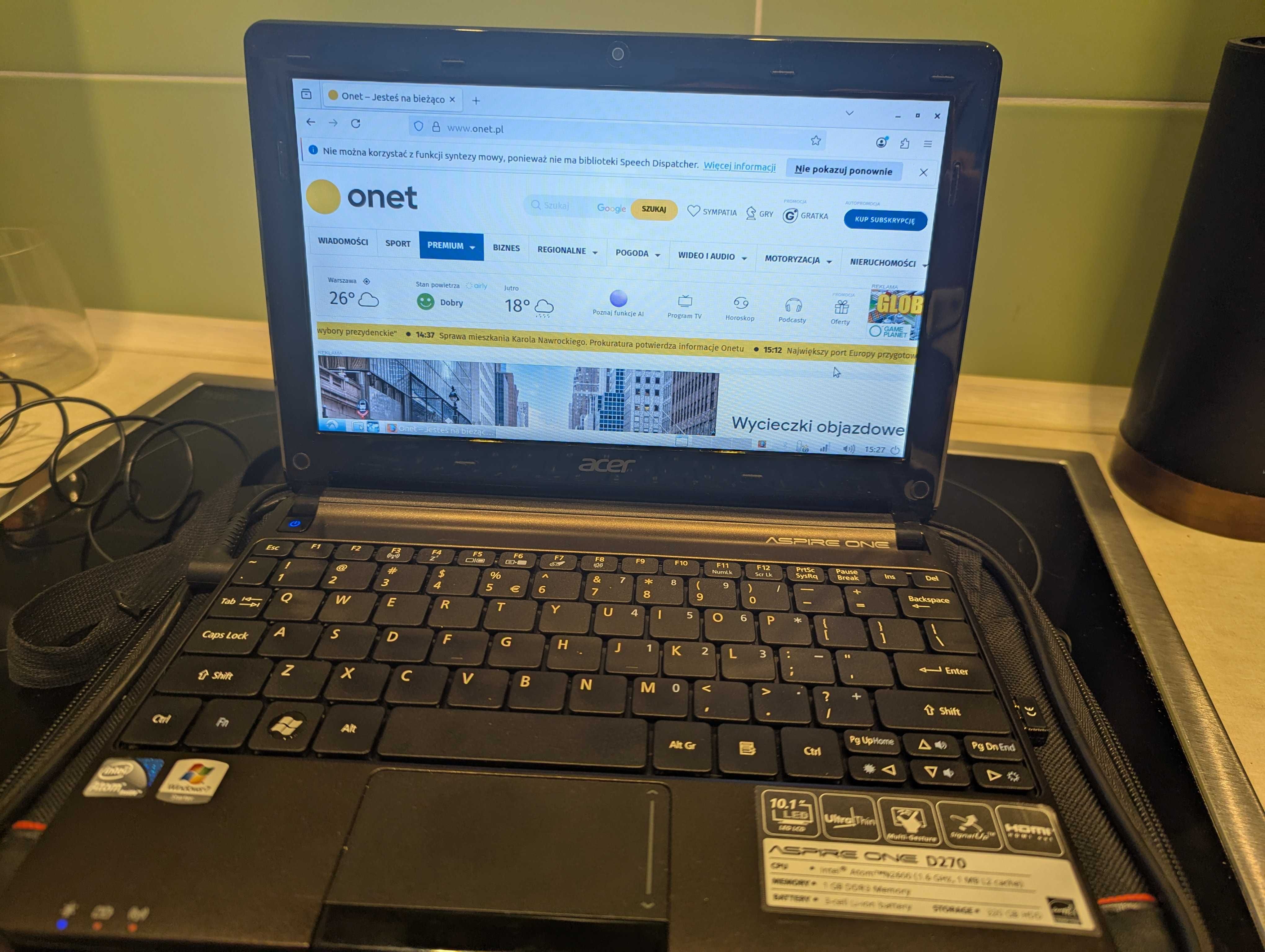 Netbook Acer D270 Linux, Torba, Myszka i zasilacz