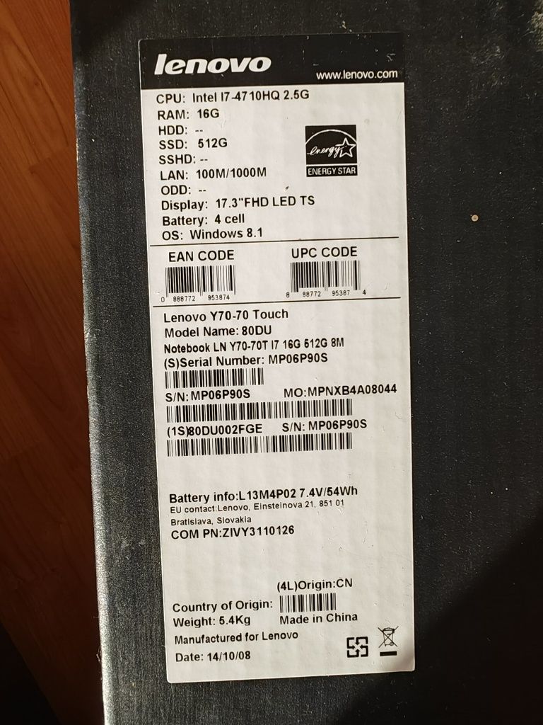 Laptop Lenovo y70-70 touch