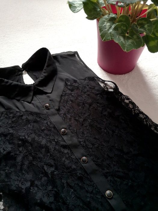 Koronkowa bluzka mgiełka zwiewna z kołnierzem czarna goth m gothic