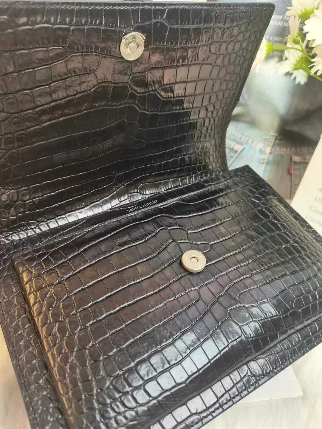 Nowe! YSL Sunset Black Crocodile Pattern Damska torebka na łańcuszku