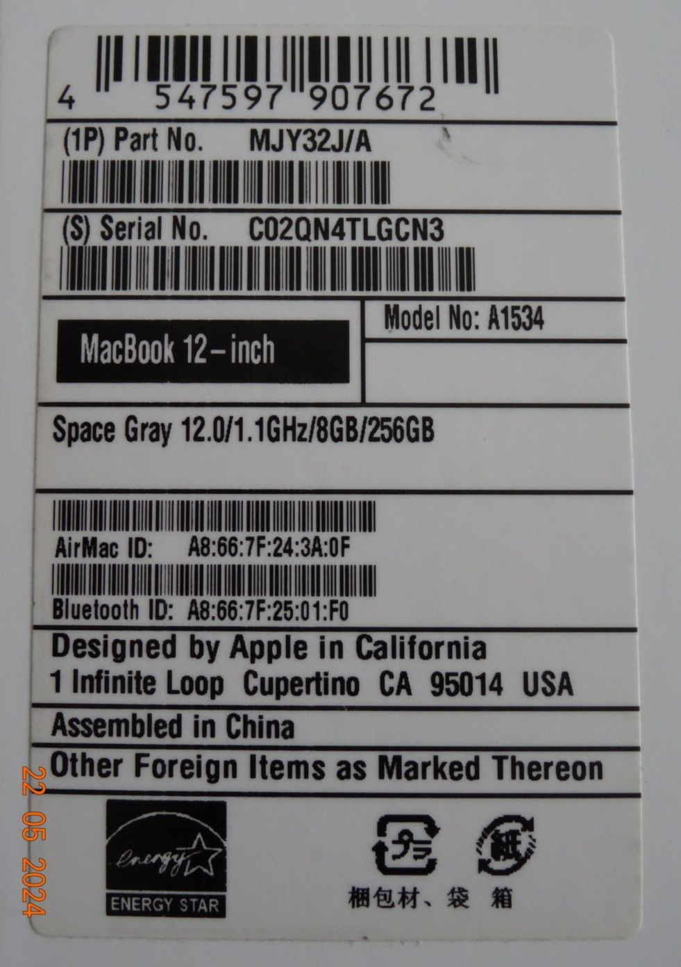 Apple Macbook 12" Retina 256SSD Model A1534 Early 2015 Space Grey