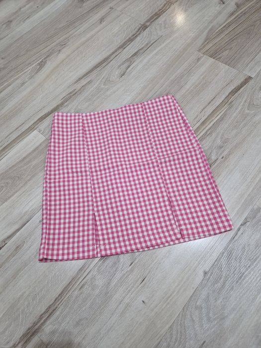 Spodniczka mini z rozcięciami, letnia spódniczka w kratkę, różowa