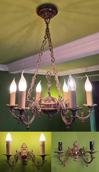 Antyczny żyrandol + 2 kinkiety z mosiądzu, bogato zdobione