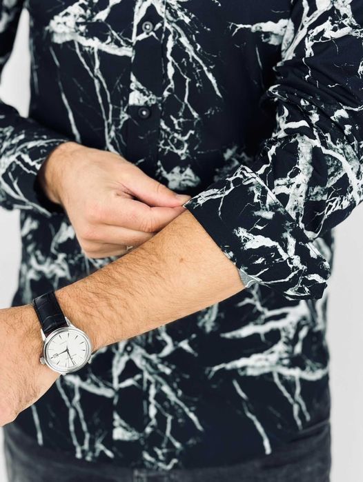 GIOVANNI PERA Koszula męska K015 Czarna/biała marmur
