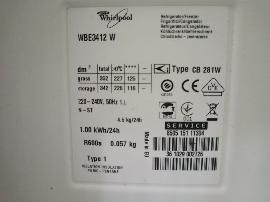 Двокамерний холодильник WHIRLPOOL WBE 3412  W