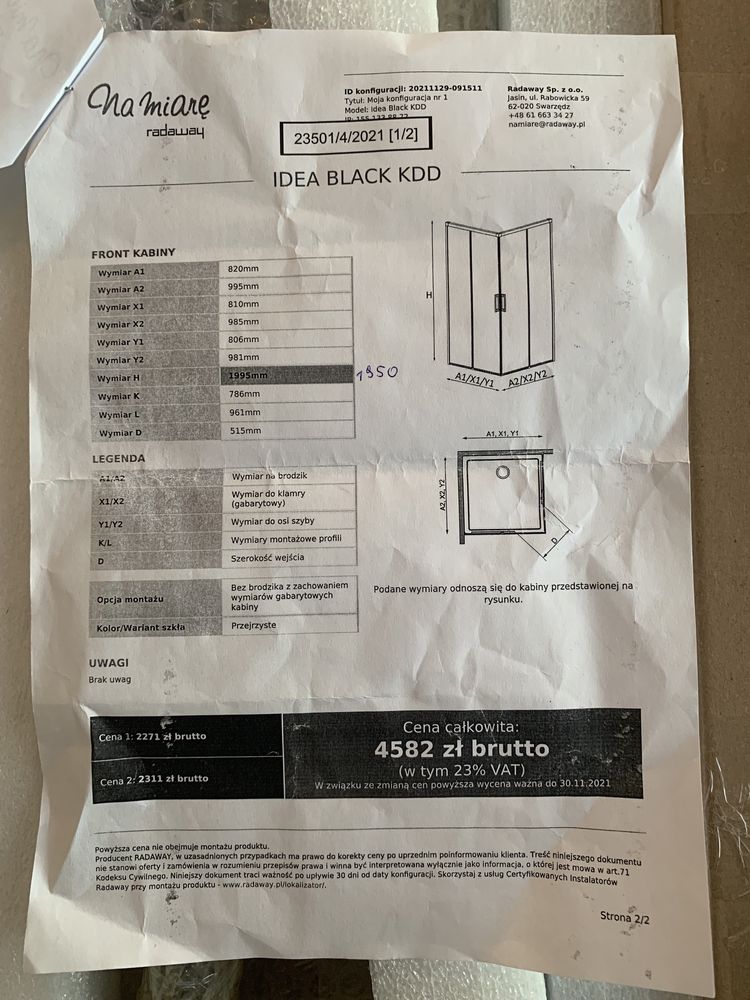 RADAWAY Idea Black KDD kabina prysznicowa 820x995mm