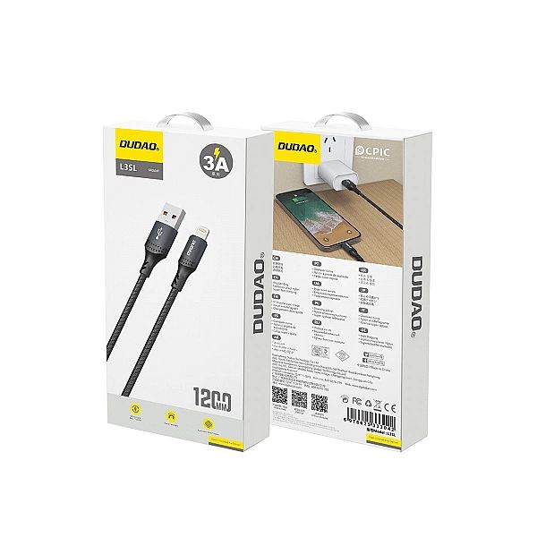 Kabel Dudao 3A 30W L3SL USB-A - Lightning w oplocie 1,2m - czarny