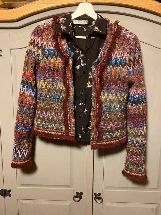 Vintage boho narzutka żakiet marynarka bordowa z welna r S