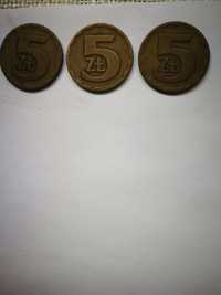 Monety 5 zł z roku 1975,1976,1977.Bez znaku mennicy.