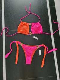 Nowy dwuczęściowy strój kąpielowy pomarańczowo różowy,wiązania