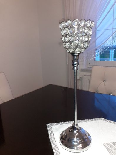 Świecznik chromowany, kryształy, glamour 40 cm