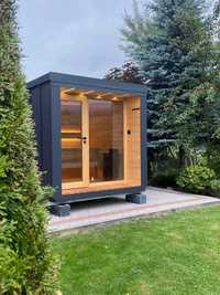 Sucha sauna fińska ogrodowa z piecem elektrycznym lub opalanym drewnem