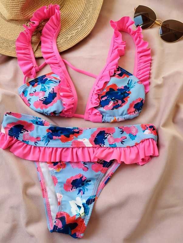 Różowe Niebieskie Bikini Strój kąpielowy Rozmiar S / 36 falbanka