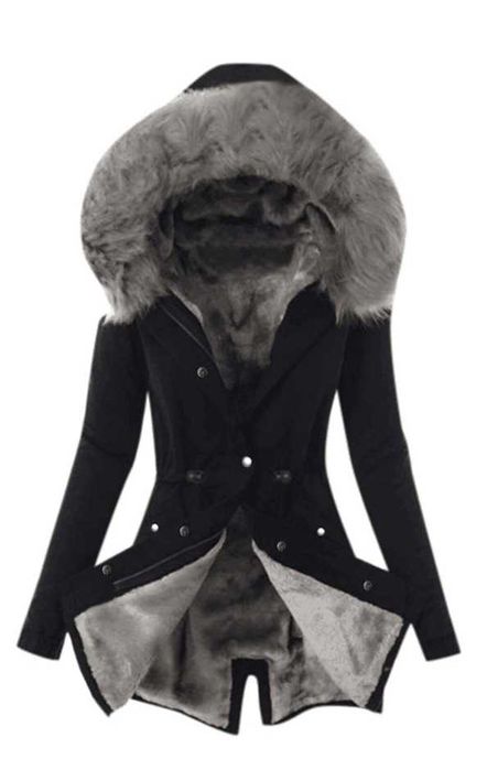 Kurtka parka czarna z kapturem, ocieplana kożuszkiem rozmiar S/M