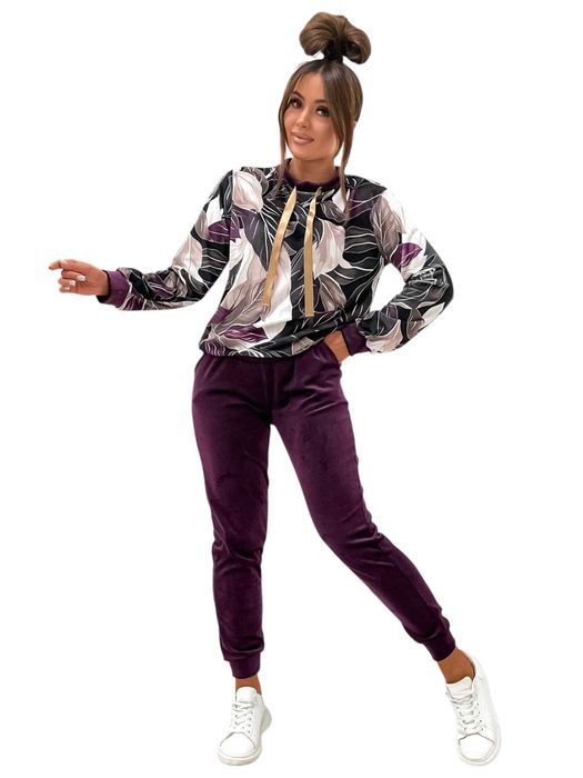 Komplet welurowy dres damski Polski bluza liście wstążka L/XL 40 42