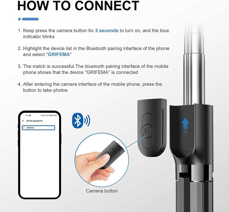 GRIFEMA GB1003-1 Selfie Stick Bluetooth Statyw lampa LED 110cm 4w1