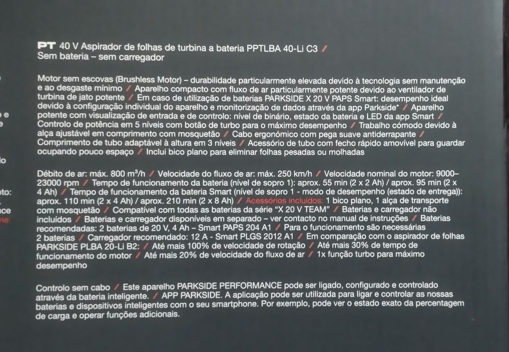 Soprador de folhas 40V Parkside Performance de turbina a bateria