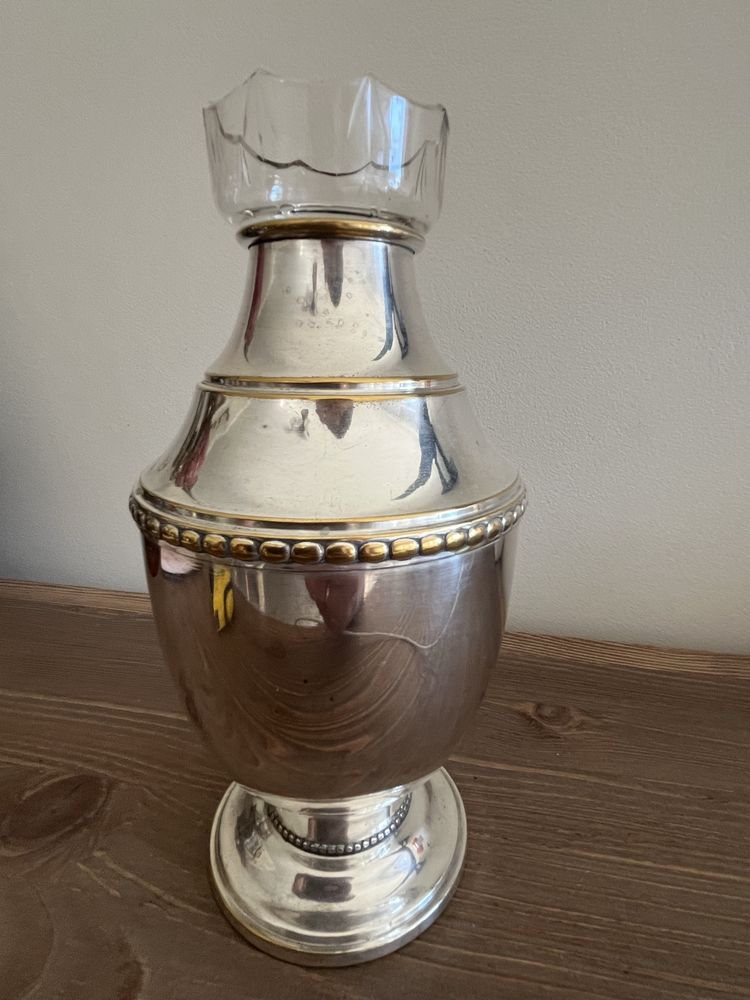 Stylowy wazon / pojemnik srebrzony z wkładem szklanym – vintage