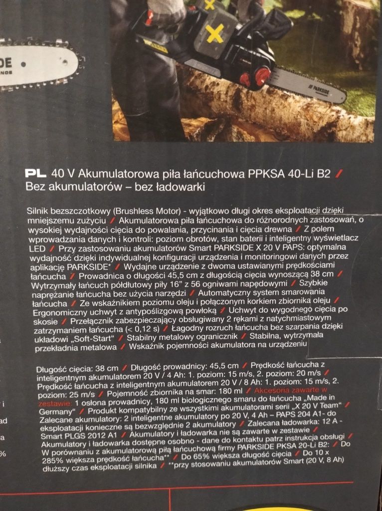 Akumulatorowa piła łańcuchowa 40V Parkside Performance