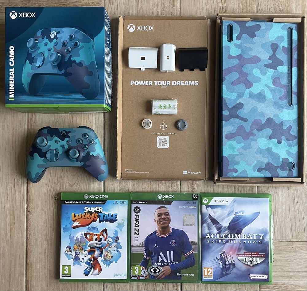 Comando Xbox One (Blue Camo) + Capa Series X +2Jogos + (Extras Oferta)