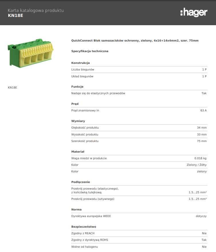 hager Blok samozaciskowy ochronny zielony 4x16+14x4mm2 szer. 75 KN18E