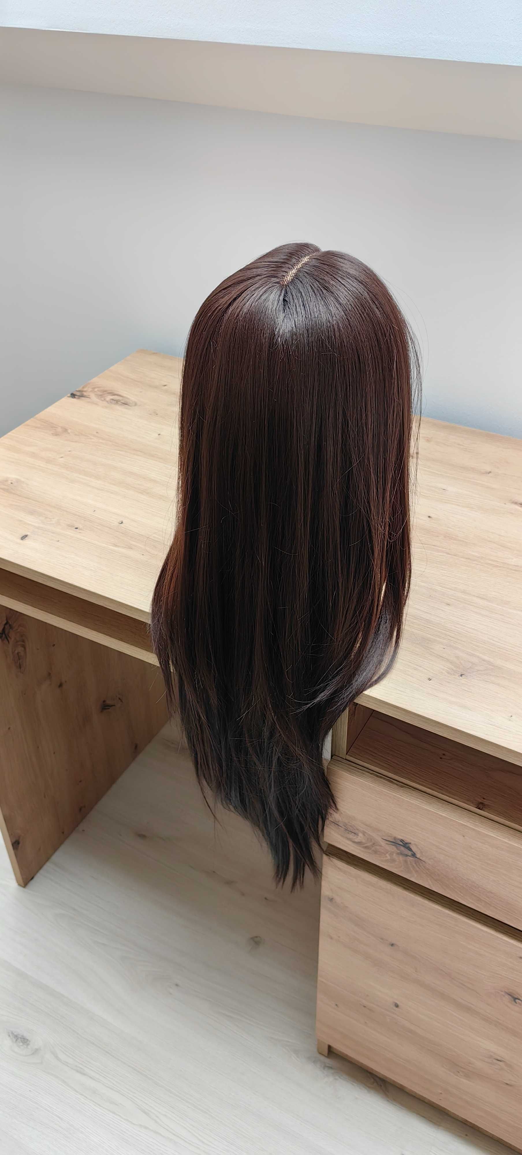 Peruka syntetyczna długa 70 cm prosta brąz lace front bezklejowa