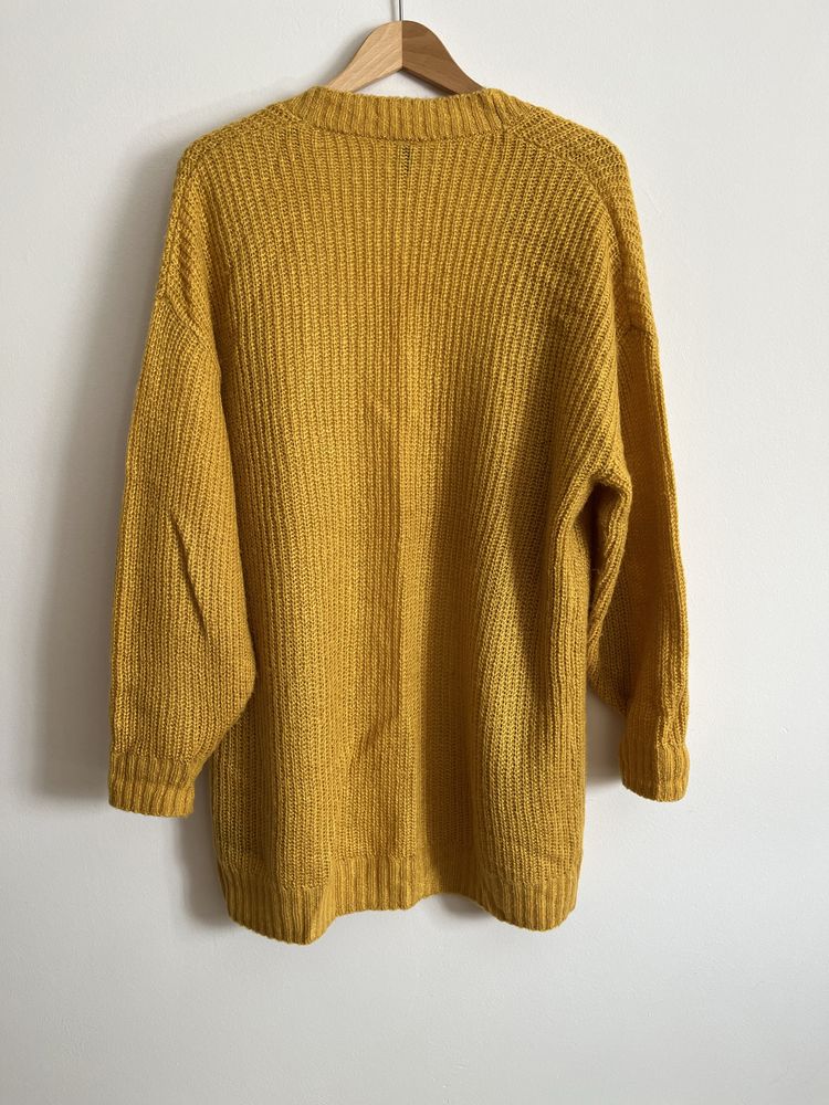 Kardigan sweter S długi lekki żółty musztardowy H&M
