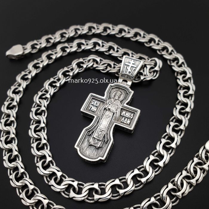 Чоловіча срібна цепочка з хрестиком Спас Нерукотворний і Миколай