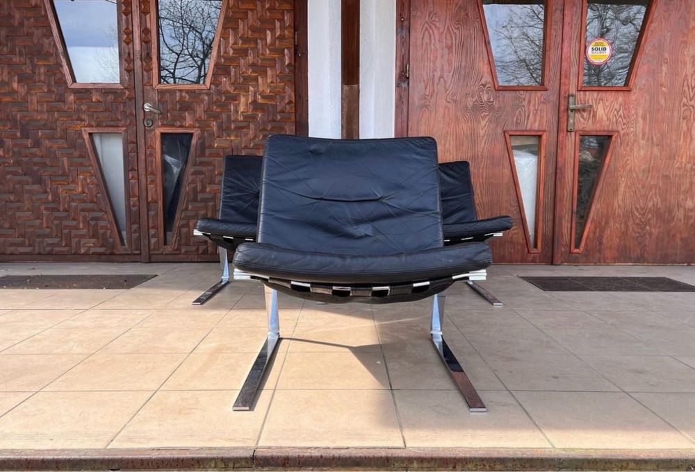 Mid century fotel skóra/chrom w stylu Olivier Mourgue. Lata 70-te