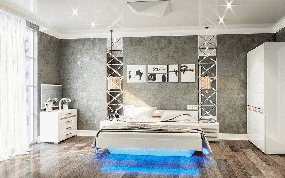 Белая глянцевая кровать двуспальная с подсветкой 160 Бьянко