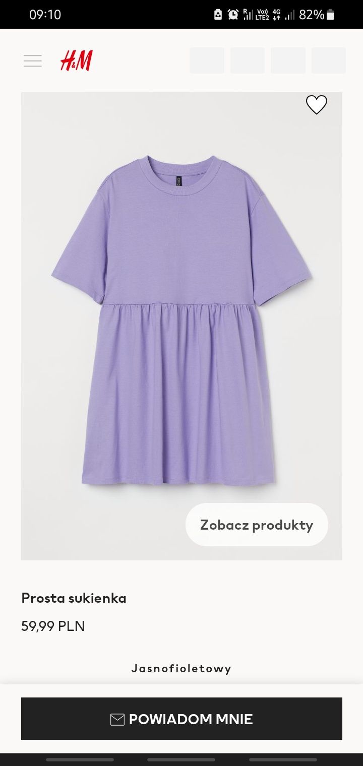 H&M XS-M liliowa oversizowa sukienka 100% bawełna