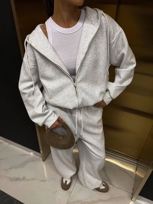 Женский костюм с начесом кофта с капюшоном и штаны прямые Серый меланж