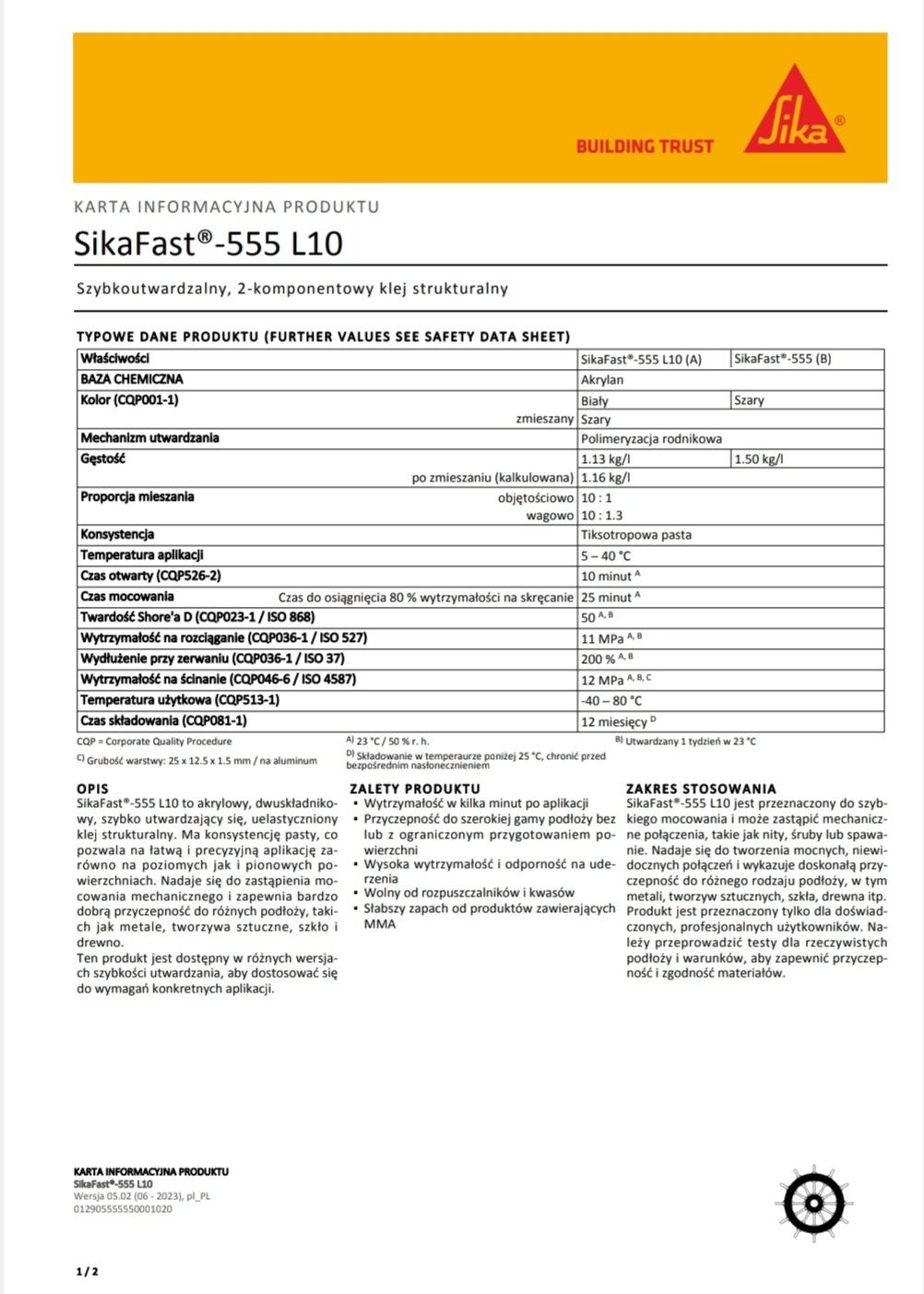 Klej strukturalny SikaFast 555 L10 akrylowy, dwuskładnikowy 250ml