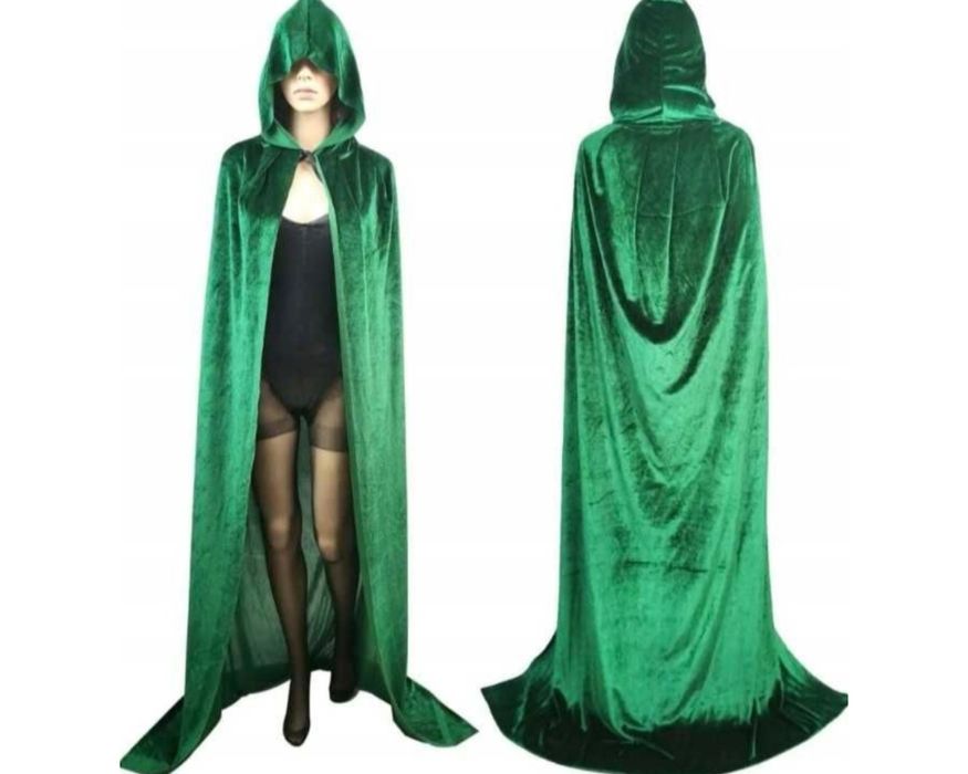 Zielona peleryna na Halloween z kapturem, aksamitna, 190 cm