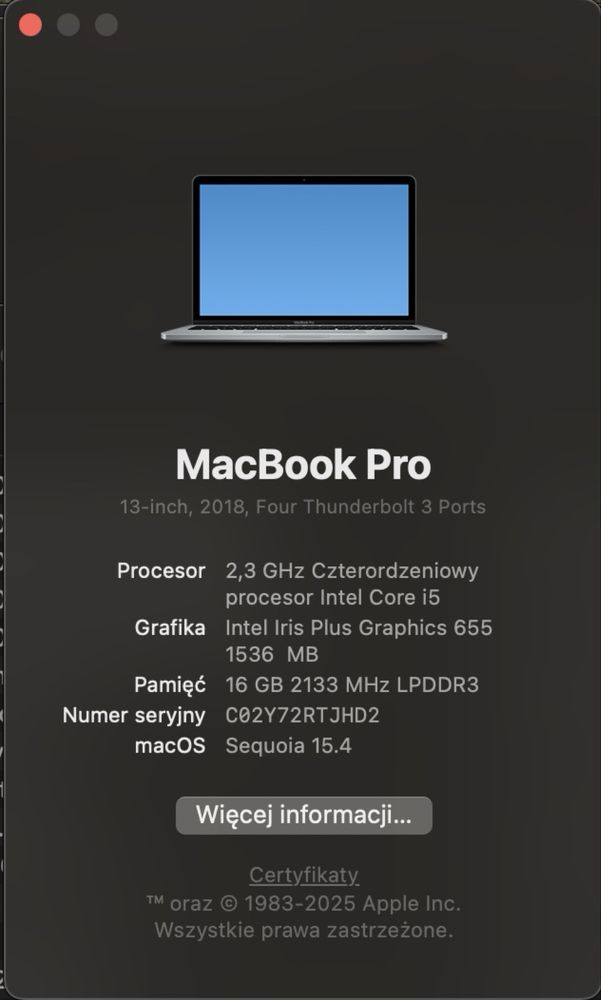 Macbook Pro 13.3 Intel I5 16GB RAM 512GB SSD Sequoia