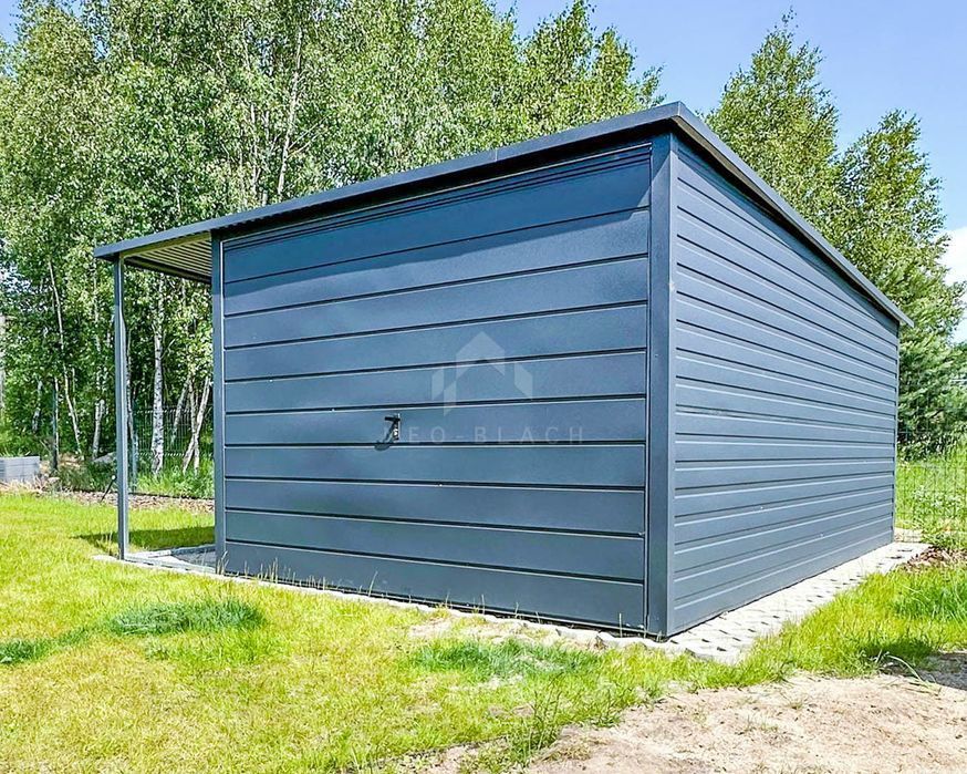 Garaż Blaszany 3X5M + Wiata 1X5M Brama Uchylna Antracyt Nb203