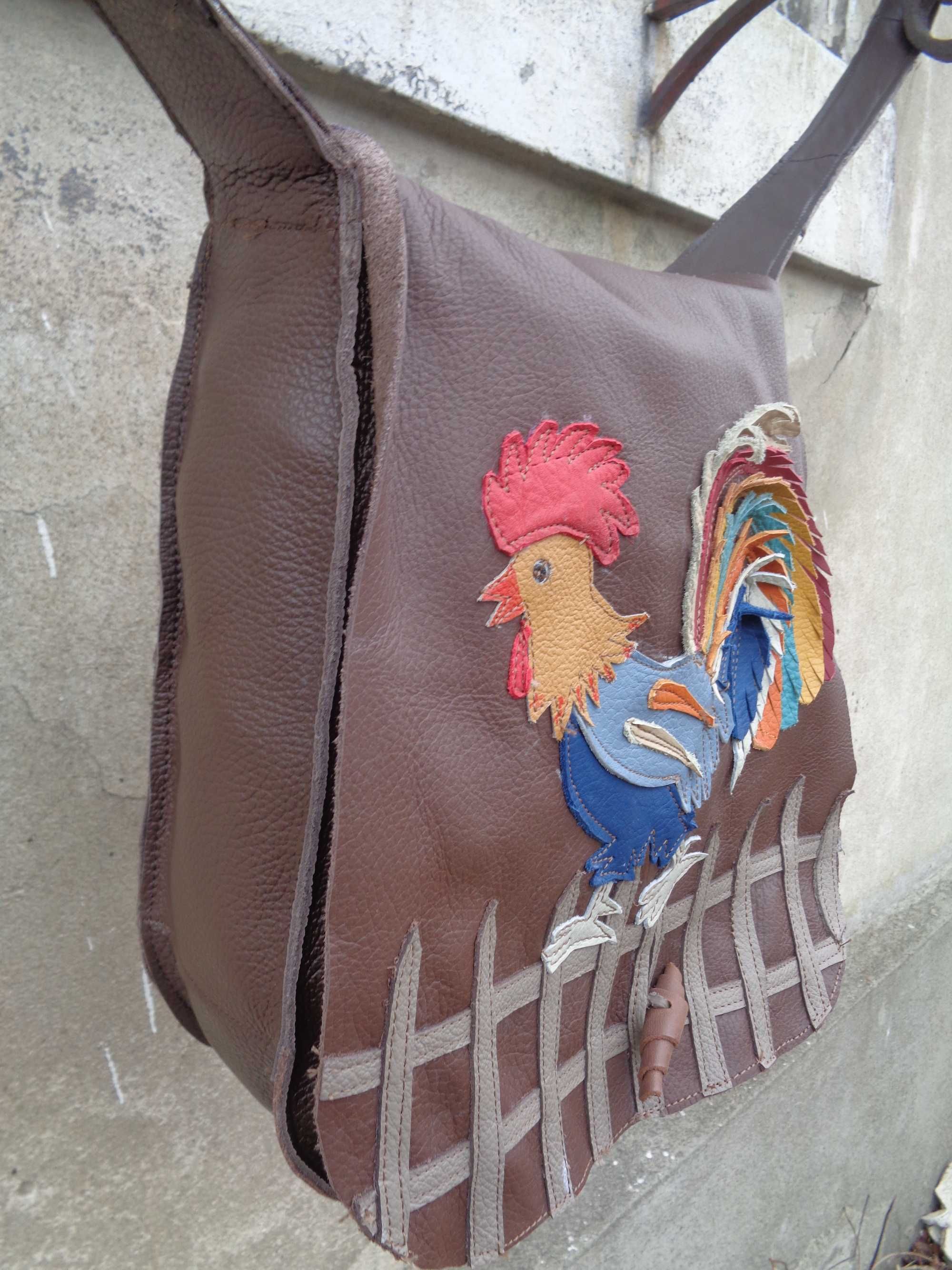 Artystyczna torebka skórzana z kogutem.  Handmade