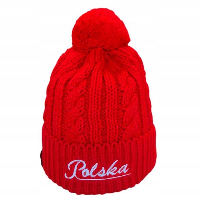 Polska Czapka Zimowa Damska Z Pomponem Czerwona Warkocz